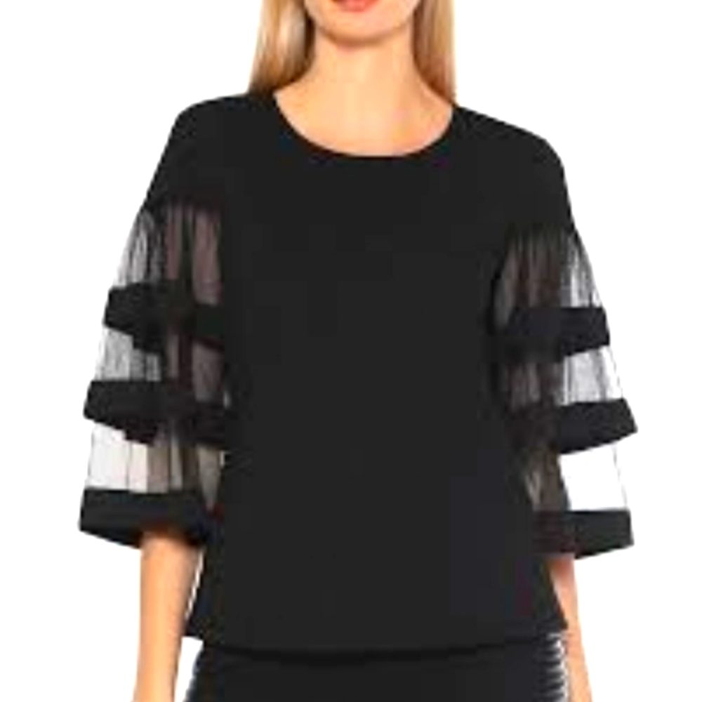 Gracia High Neck Striped Sleeve Blouse